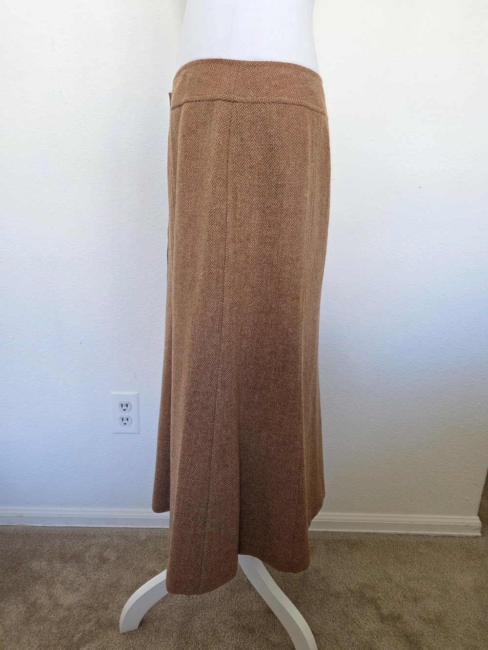 Talbots Camel Brown 100% Wool Herringbone Button-Front A-Line Skirt Size 10 - Picture 3 of 7
